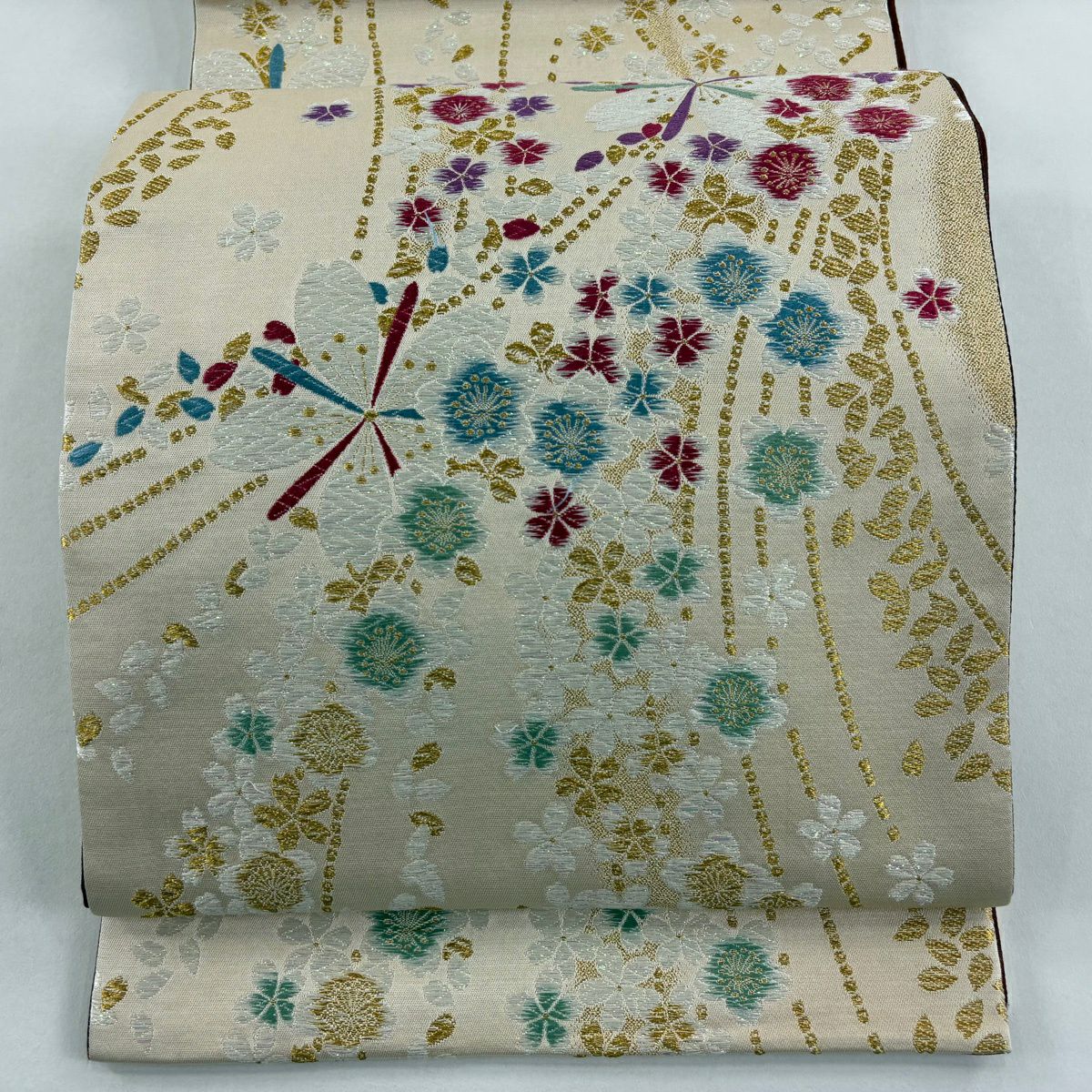 【美品】 袋帶 秀品級 花 櫻花 刺繡 金金箔 米色 六通 純蠶絲