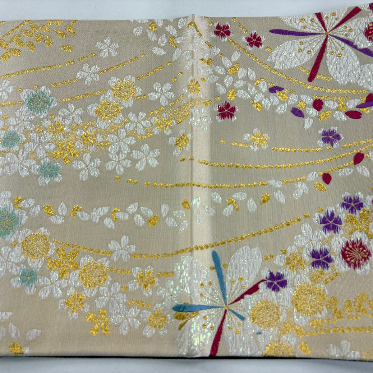 【美品】 袋帶 秀品級 花 櫻花 刺繡 金金箔 米色 六通 純蠶絲