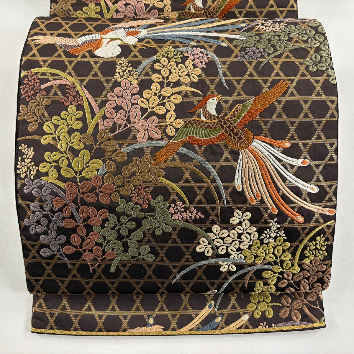 【美品】 袋帶 秀品級 關西仕立 雀 籠目 刺繡 金金箔 焦茶 六通 純蠶絲