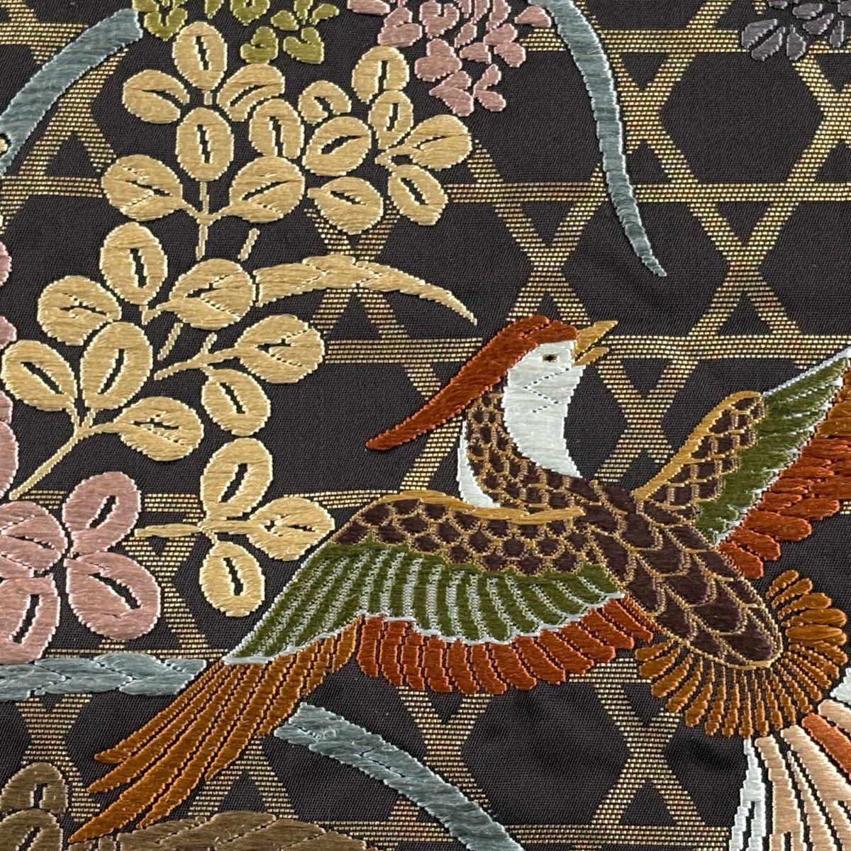 【美品】 袋帶 秀品級 關西仕立 雀 籠目 刺繡 金金箔 焦茶 六通 純蠶絲