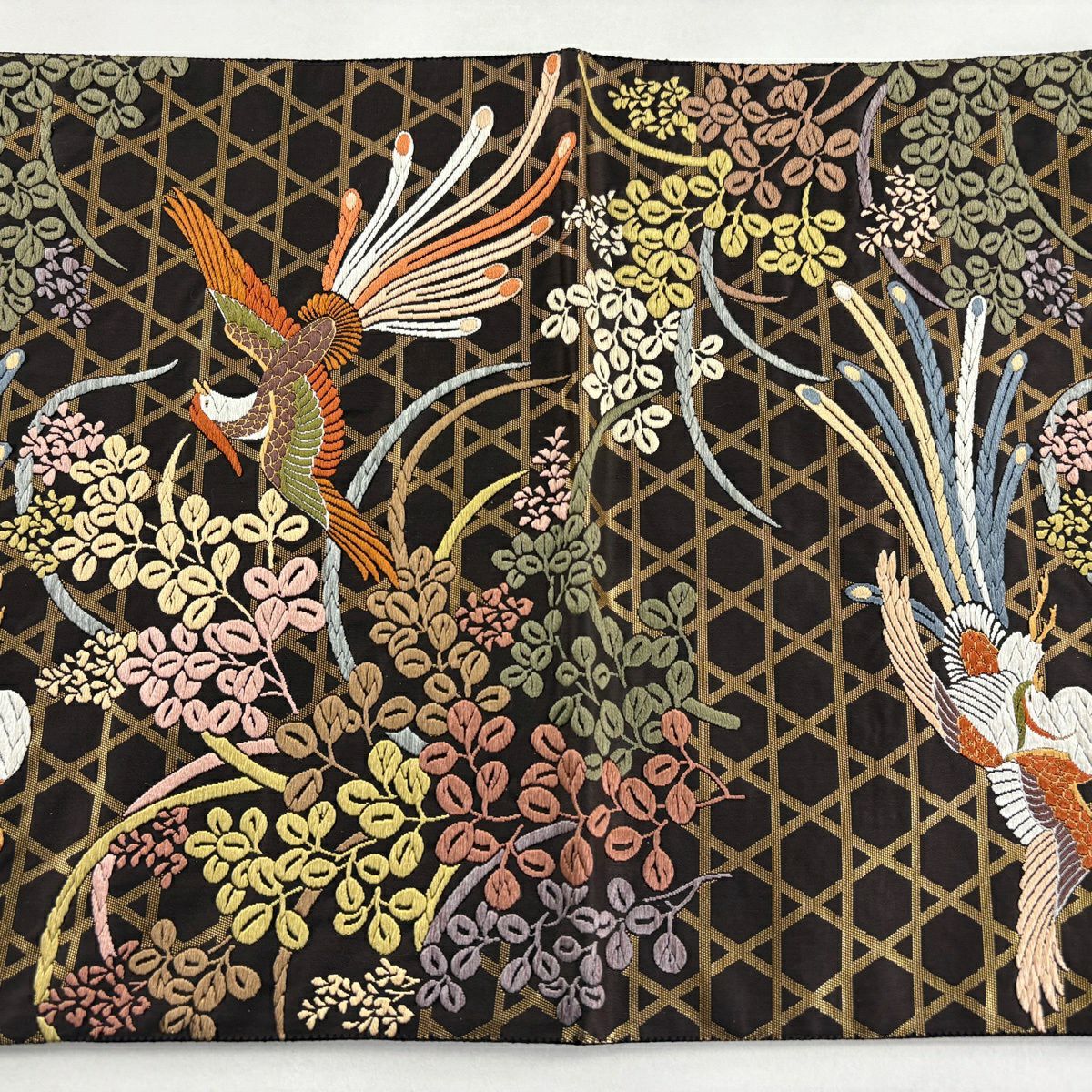 【美品】 袋帶 秀品級 關西仕立 雀 籠目 刺繡 金金箔 焦茶 六通 純蠶絲