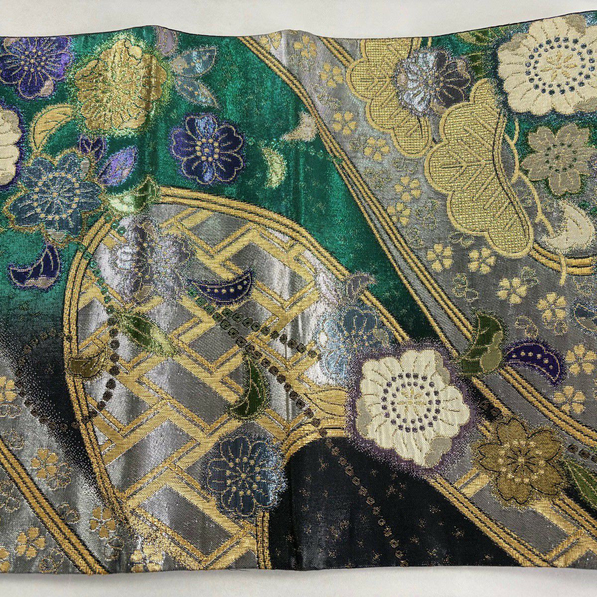 袋帶 秀品級 辻花染圖案 流水 金金箔 金絲 綠 六通 純蠶絲