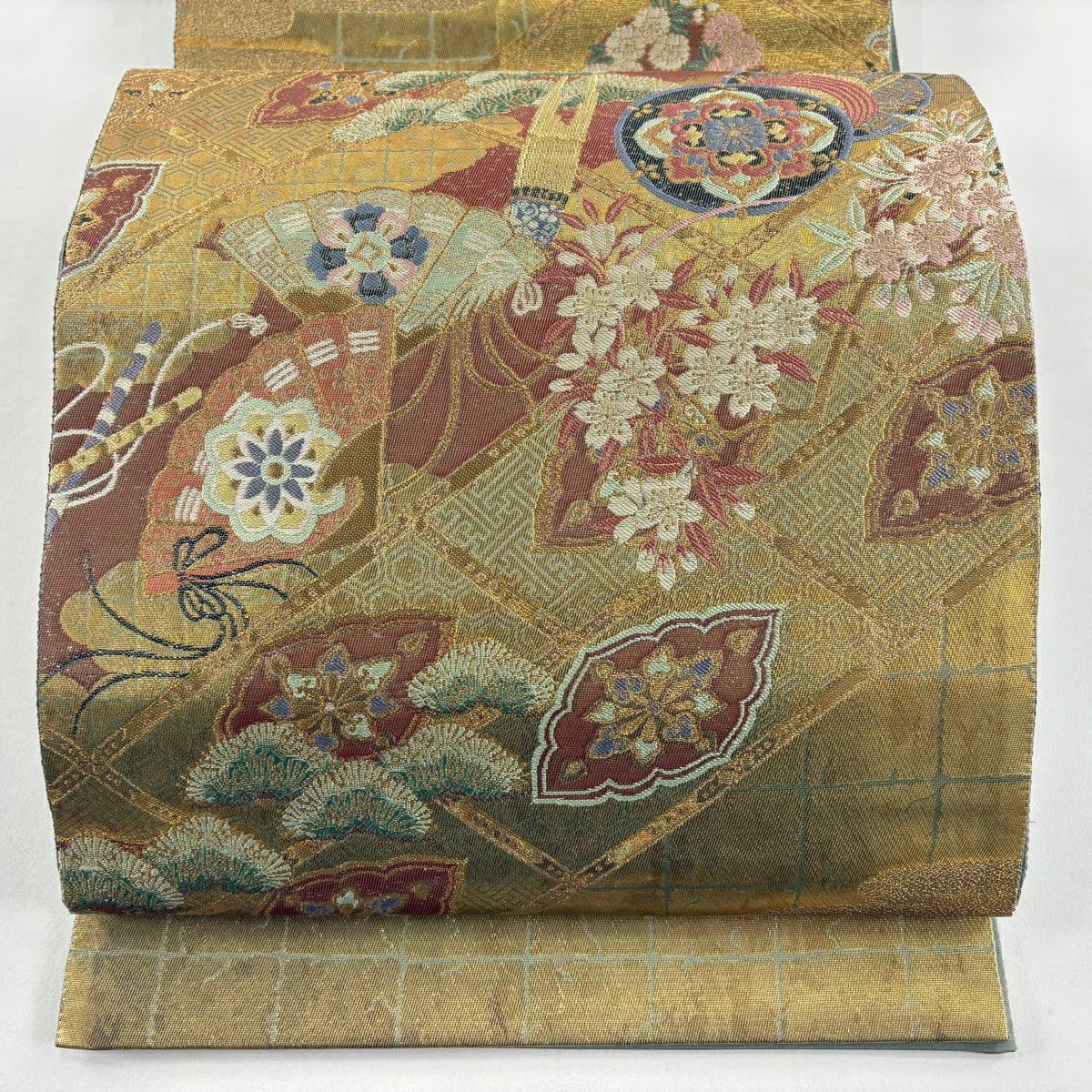 【美品】 袋帶 秀品級 和樂器 草花紋紋 金金箔 金線 金色 大鼓圖案 純蠶絲