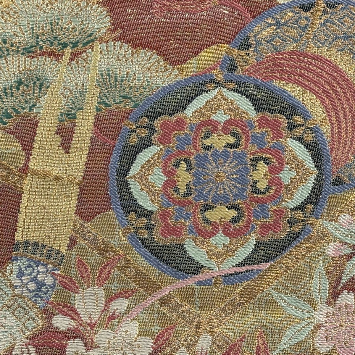 【美品】 袋帶 秀品級 和樂器 草花紋紋 金金箔 金線 金色 大鼓圖案 純蠶絲