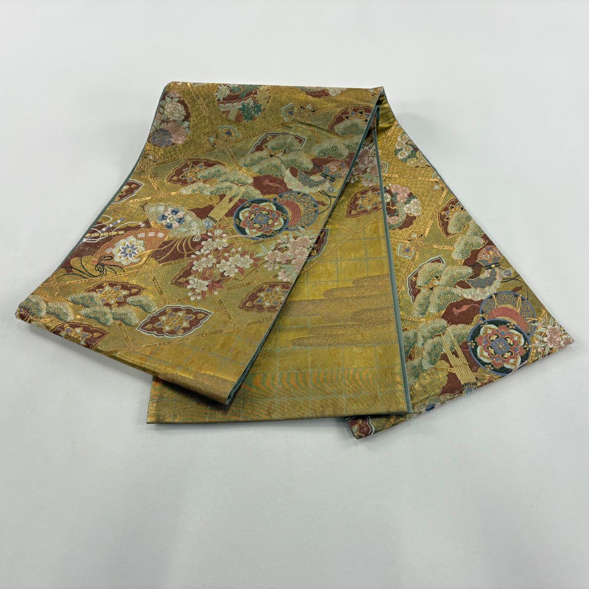【美品】 袋帶 秀品級 和樂器 草花紋紋 金金箔 金線 金色 大鼓圖案 純蠶絲