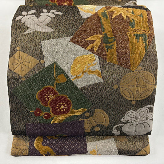 袋帶 秀品級 松樹竹子梅花 寶盡くし 刺繡 金金箔 金色 六通 純蠶絲