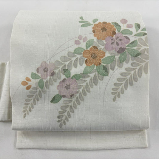【美品】 名古屋帶 秀品級 夏帶 草花紋紋 奶油色 純蠶絲