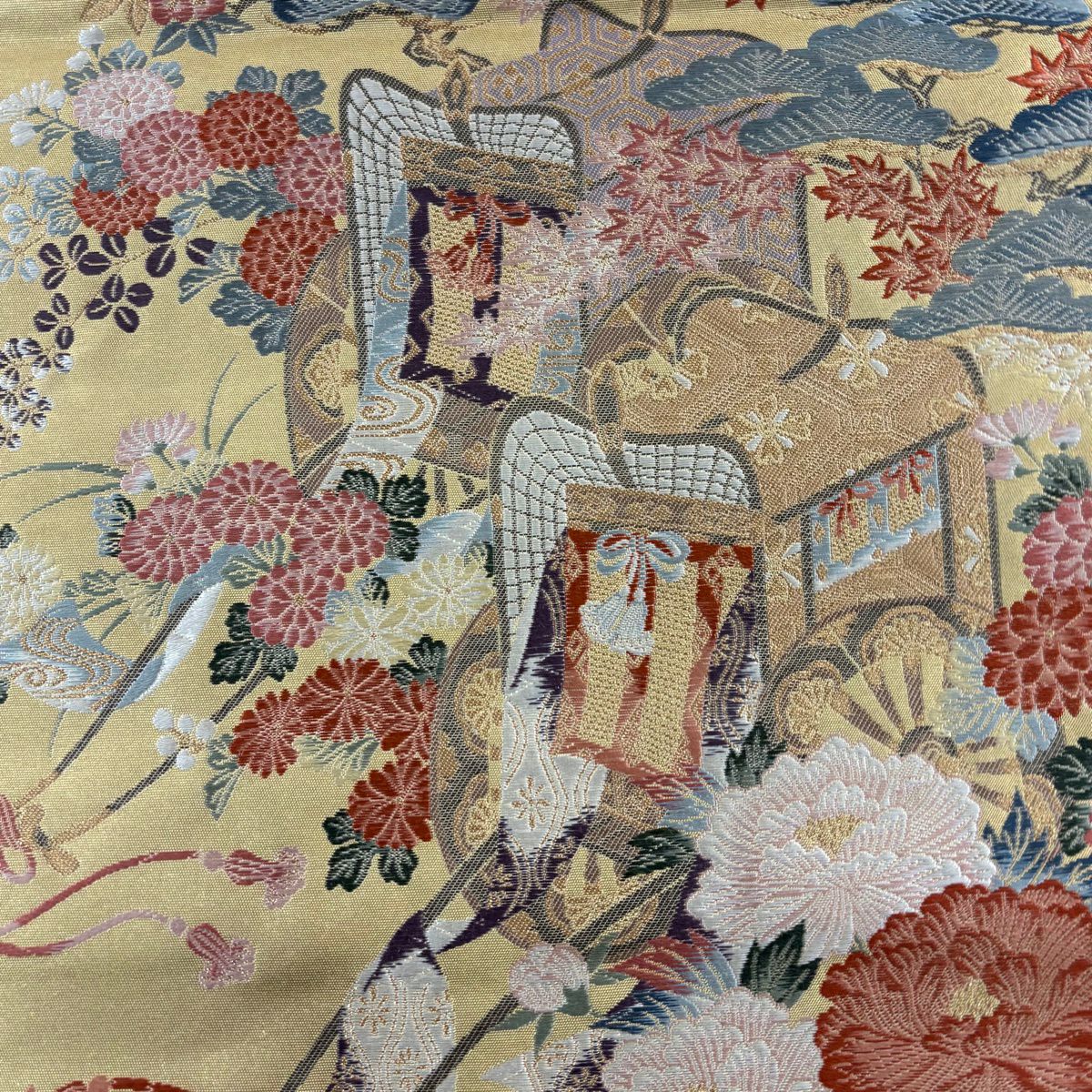 袋帶 秀品級 御所車 牡丹 金絲 金金箔 金色 六通 純蠶絲