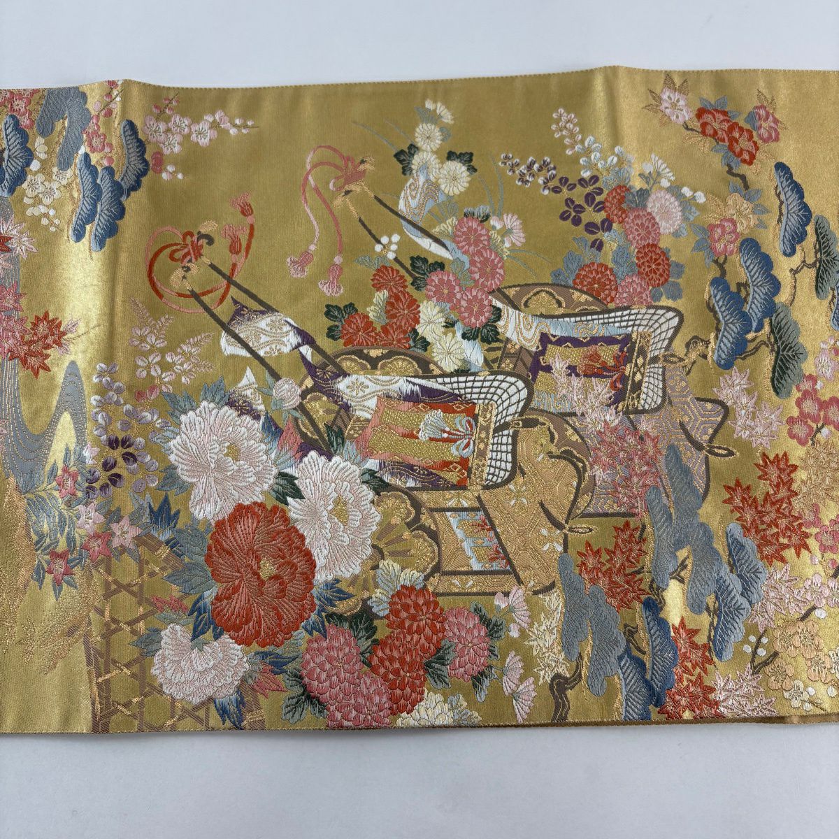 袋帶 秀品級 御所車 牡丹 金絲 金金箔 金色 六通 純蠶絲