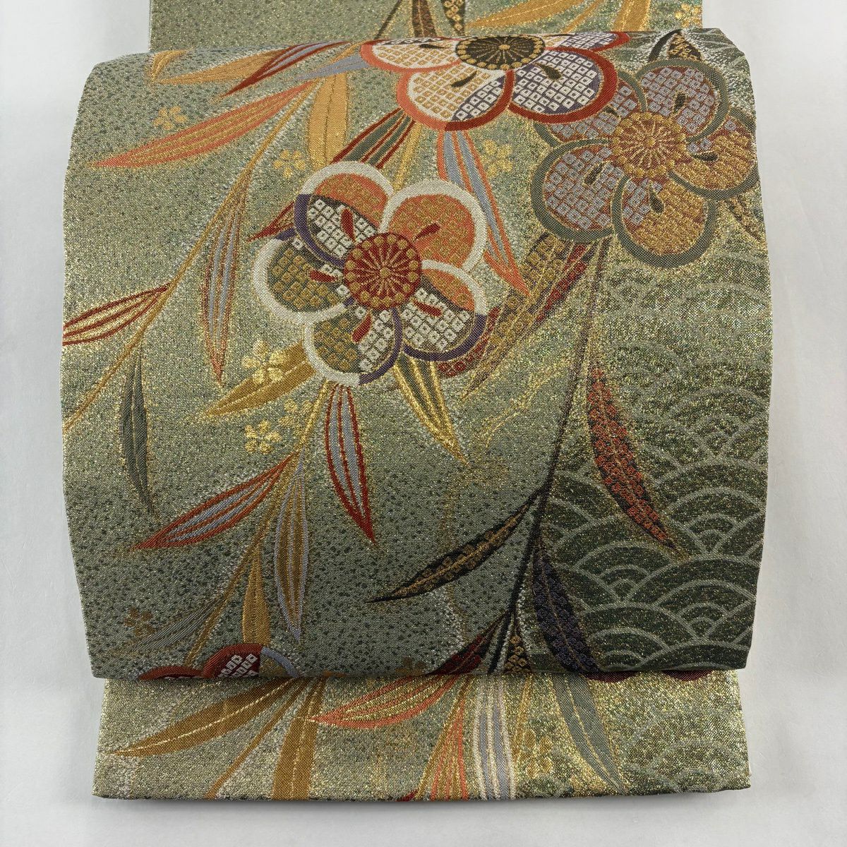 袋帶 秀品級 旋梅花 青海波 金絲 金金箔 淺綠 六通 純蠶絲