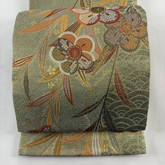 袋帶 秀品級 旋梅花 青海波 金絲 金金箔 淺綠 六通 純蠶絲