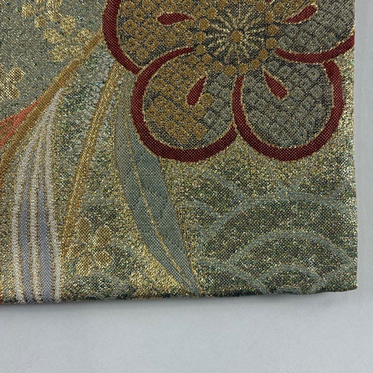 袋帶 秀品級 旋梅花 青海波 金絲 金金箔 淺綠 六通 純蠶絲