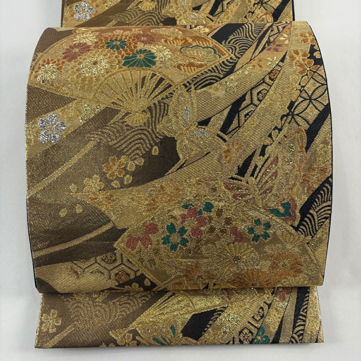 【美品】 袋帶 秀品級 扇子子 蝴蝶 金絲 金金箔 黑 六通 純蠶絲