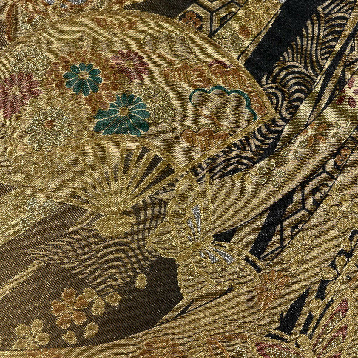【美品】 袋帶 秀品級 扇子子 蝴蝶 金絲 金金箔 黑 六通 純蠶絲