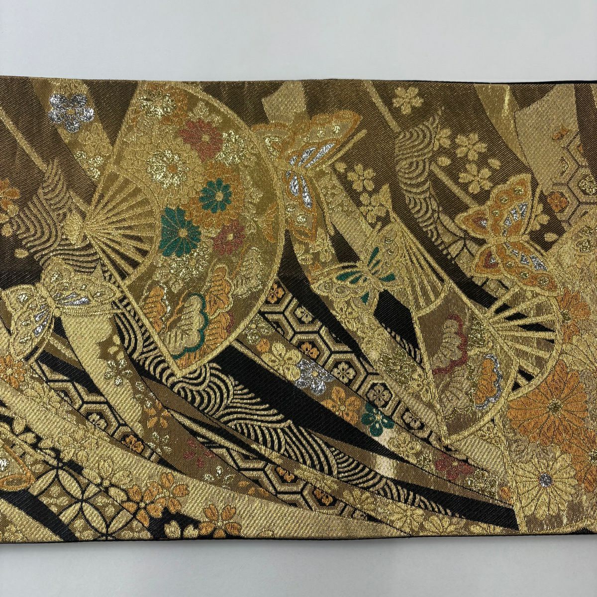 【美品】 袋帶 秀品級 扇子子 蝴蝶 金絲 金金箔 黑 六通 純蠶絲