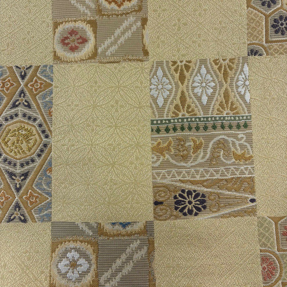 【美品】 袋帶 秀品級 花 七寶 金絲 金金箔 淺黃土色 六通 純蠶絲