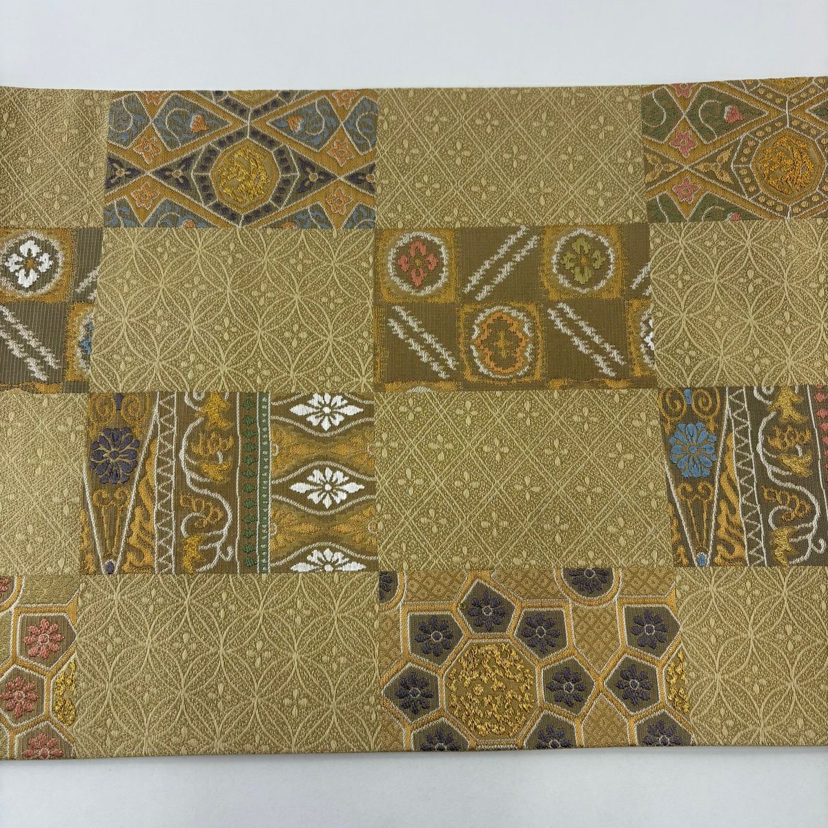 【美品】 袋帶 秀品級 花 七寶 金絲 金金箔 淺黃土色 六通 純蠶絲