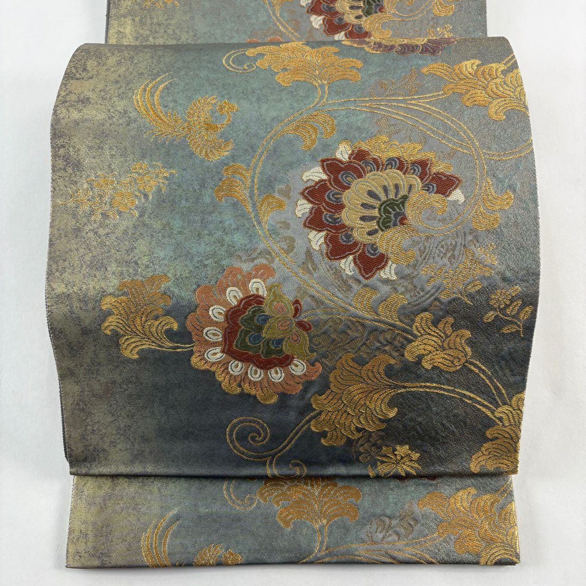 【美品】 袋帶 秀品級 花唐草紋 幾何圖案 金線 金金箔 灰綠 六通 純蠶絲
