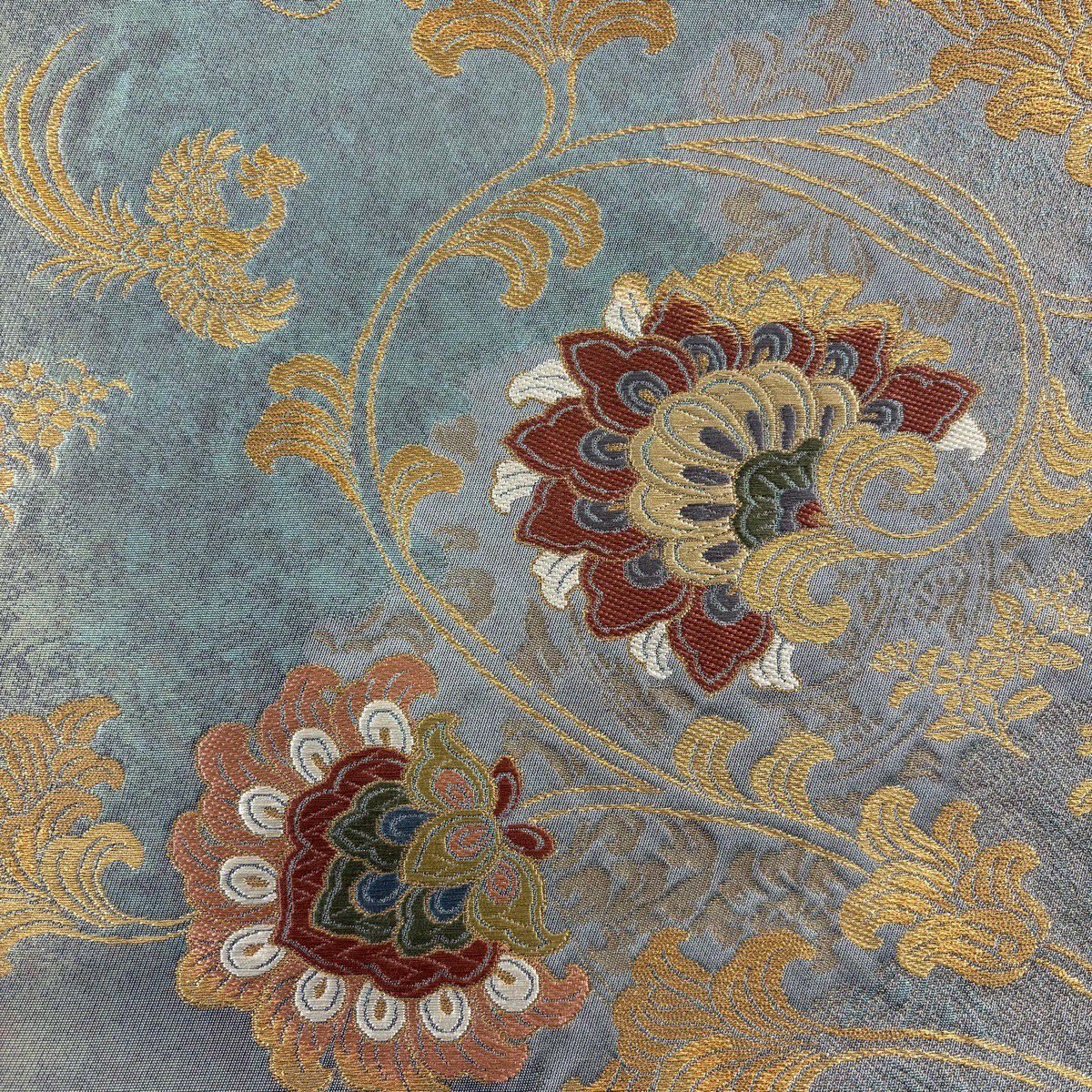 【美品】 袋帶 秀品級 花唐草紋 幾何圖案 金線 金金箔 灰綠 六通 純蠶絲