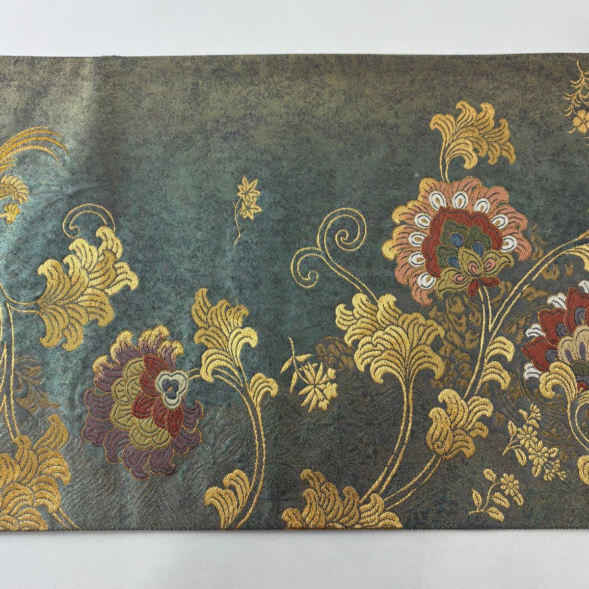 【美品】 袋帶 秀品級 花唐草紋 幾何圖案 金線 金金箔 灰綠 六通 純蠶絲