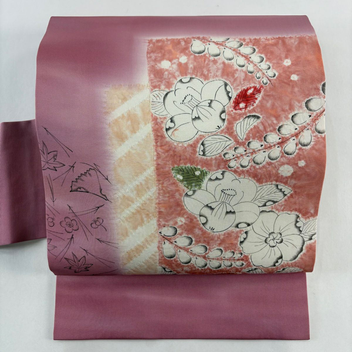 名古屋帶 秀品級 附有落款 椿 梅花 絞染 漸層 灰紫 純蠶絲