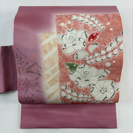 名古屋帶 秀品級 附有落款 椿 梅花 絞染 漸層 灰紫 純蠶絲