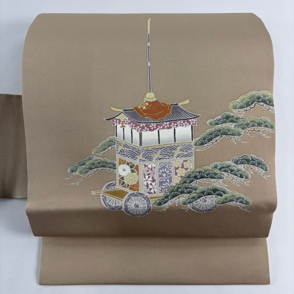 名古屋帶 秀品級 山鉾 笠松樹 金銀彩 淺茶 純蠶絲