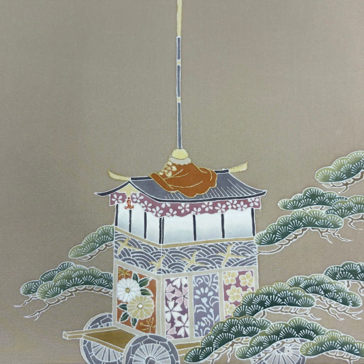 名古屋帶 秀品級 山鉾 笠松樹 金銀彩 淺茶 純蠶絲