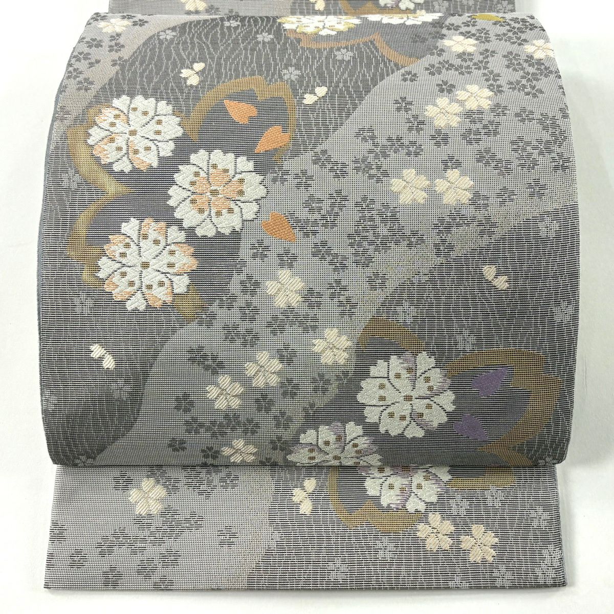【美品】 袋帶 名品級 櫻花百景 櫻花 幾何學 唐織 金金箔 灰色 六通 純蠶絲