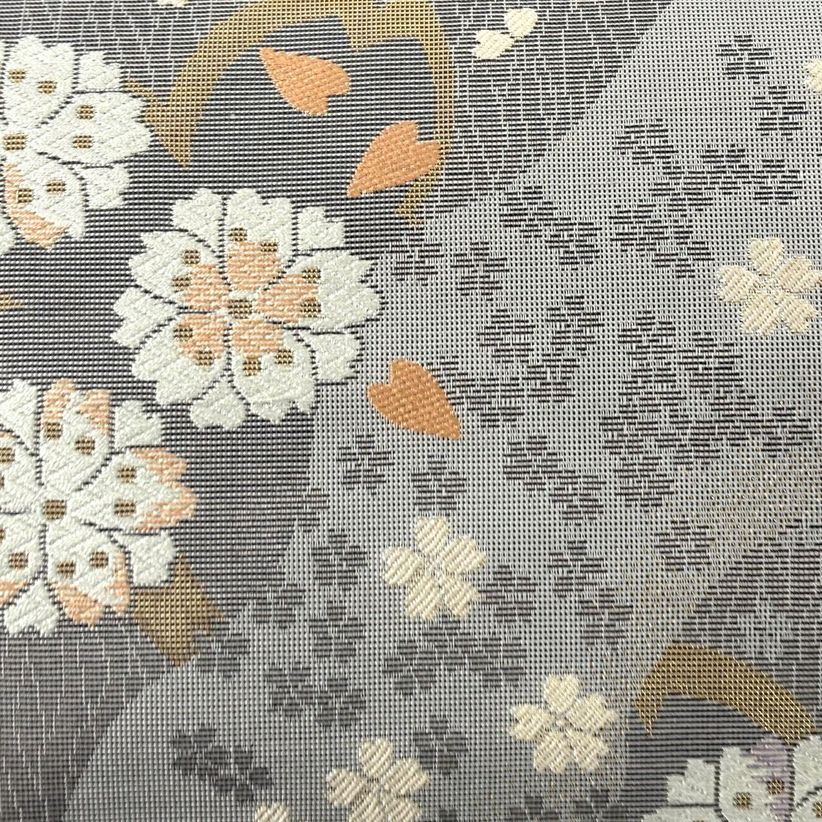 【美品】 袋帶 名品級 櫻花百景 櫻花 幾何學 唐織 金金箔 灰色 六通 純蠶絲