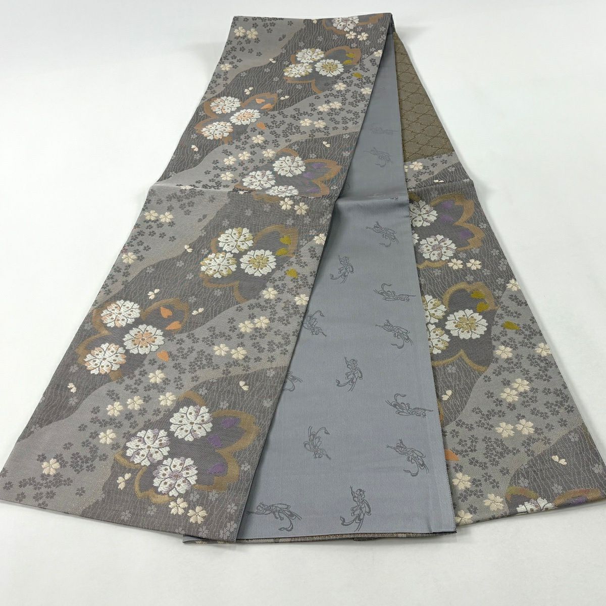 【美品】 袋帶 名品級 櫻花百景 櫻花 幾何學 唐織 金金箔 灰色 六通 純蠶絲