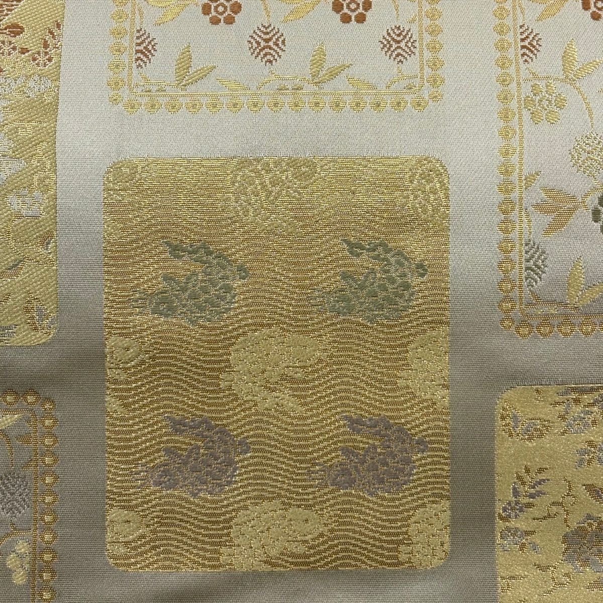 【美品】 袋帶 名品級 金金箔屋清兵衛 有落款 錦織 笹蔓 花鳥 金金箔 灰色 六通 純蠶絲