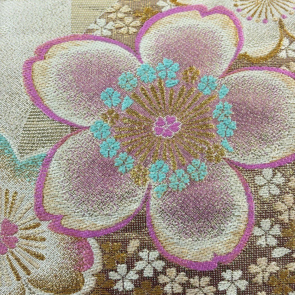 袋帶 名品級 振袖禮服禮服用 櫻花 市松樹 金絲 金金箔 奶油 六通 純蠶絲