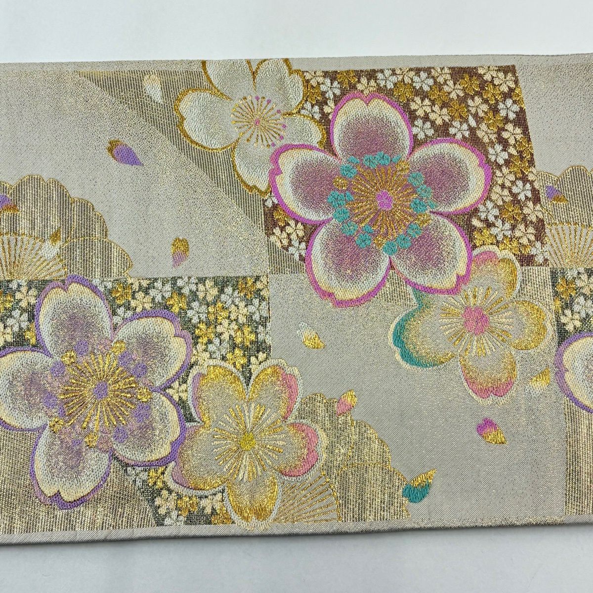 袋帶 名品級 振袖禮服禮服用 櫻花 市松樹 金絲 金金箔 奶油 六通 純蠶絲