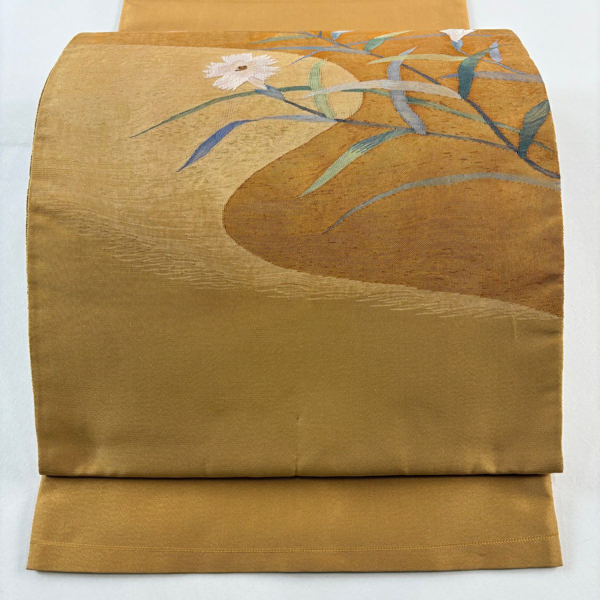 【美品】 袋帶 名品級 草花紋 金糸 黃土 茶色 お太鼓柄 純蠶絲