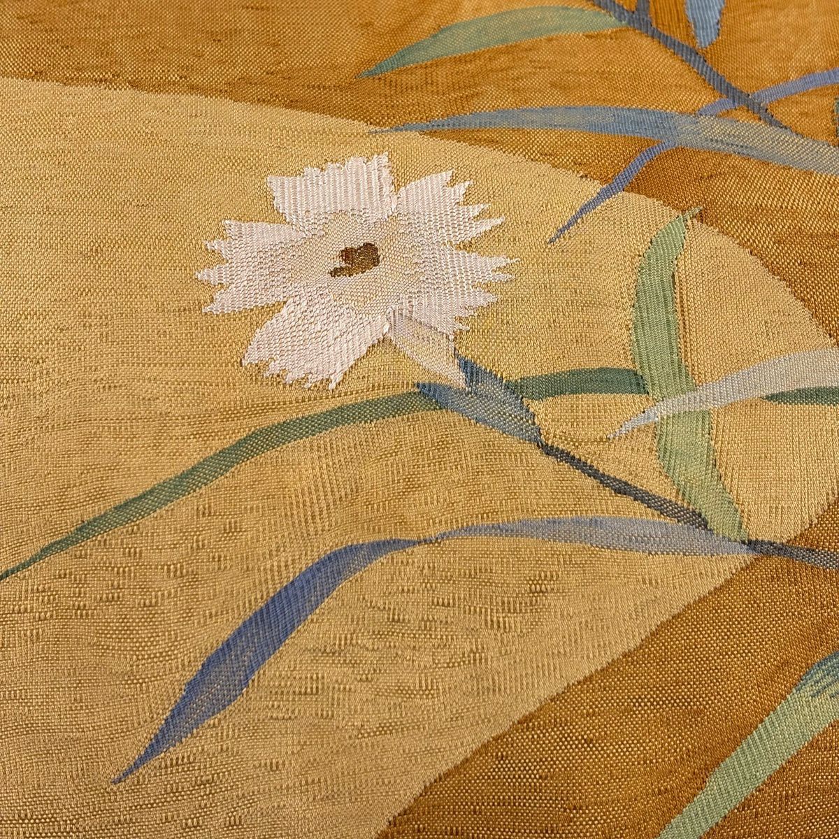 【美品】 袋帶 名品級 草花紋 金糸 黃土 茶色 お太鼓柄 純蠶絲