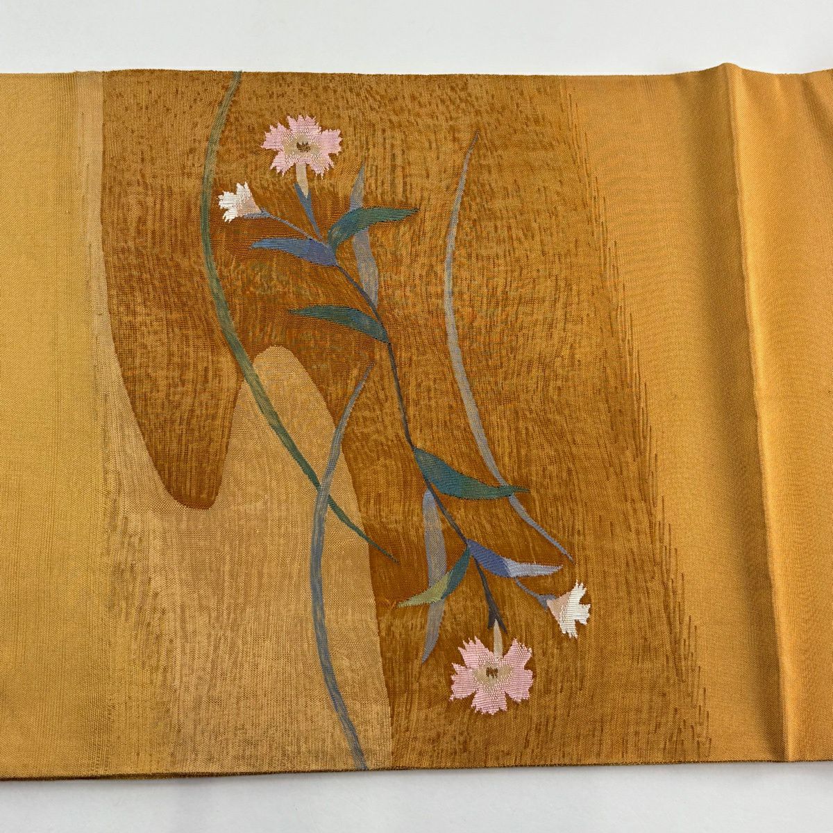 【美品】 袋帶 名品級 草花紋 金糸 黃土 茶色 お太鼓柄 純蠶絲