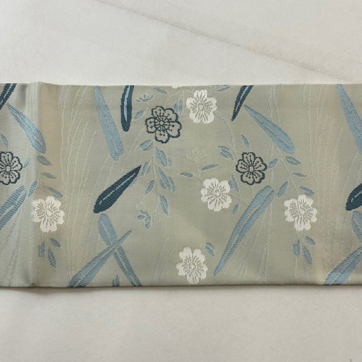 【美品】名古屋帶 名品級櫻葉紋 薄綠純蠶絲