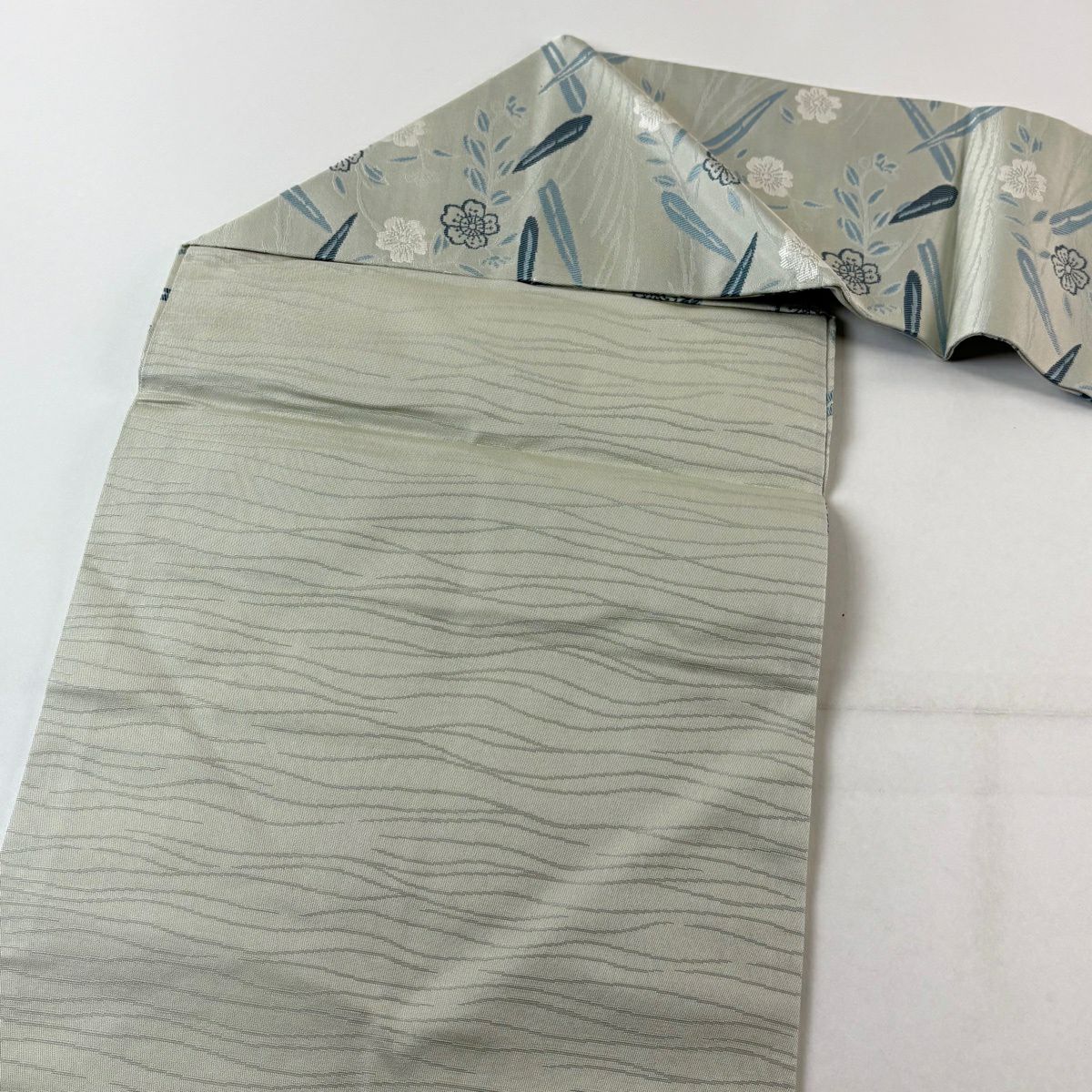 【美品】名古屋帶 名品級櫻葉紋 薄綠純蠶絲
