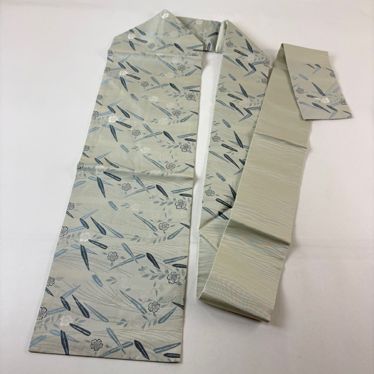 【美品】名古屋帶 名品級櫻葉紋 薄綠純蠶絲