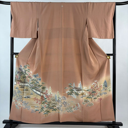 色留袖禮服 身長155.5cm 袖長67cm M 雙層 落款有 枯山水 松樹 金通 金銀彩 漸層 鮭粉色 純蠶絲 優品級 一つ紋