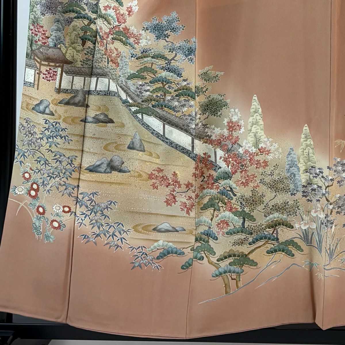 色留袖禮服 身長155.5cm 袖長67cm M 雙層 落款有 枯山水 松樹 金通 金銀彩 漸層 鮭粉色 純蠶絲 優品級 一つ紋