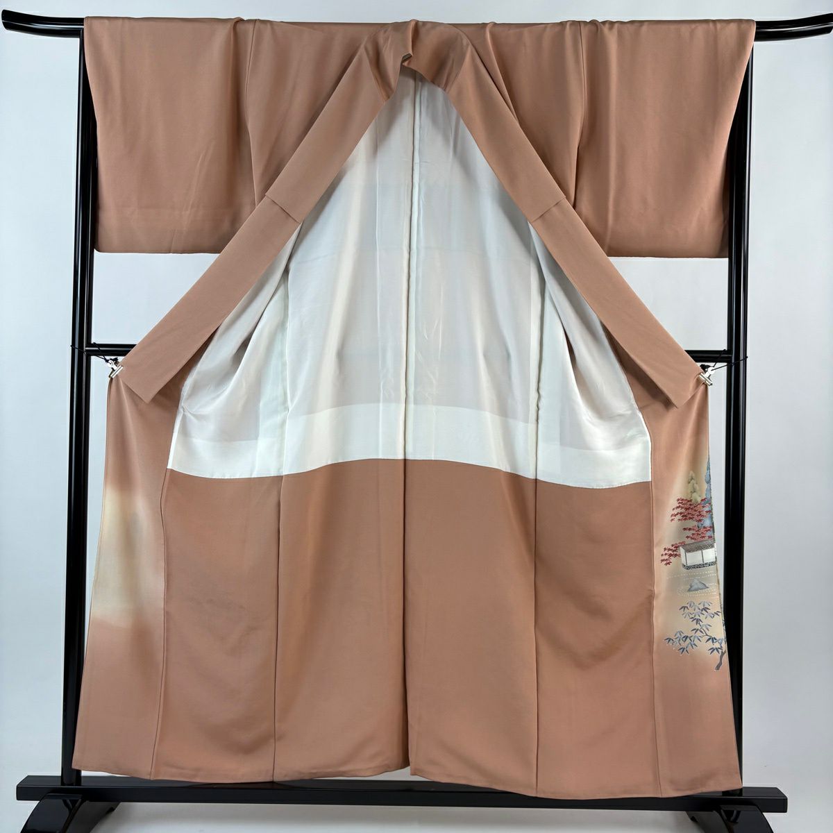 色留袖禮服 身長155.5cm 袖長67cm M 雙層 落款有 枯山水 松樹 金通 金銀彩 漸層 鮭粉色 純蠶絲 優品級 一つ紋
