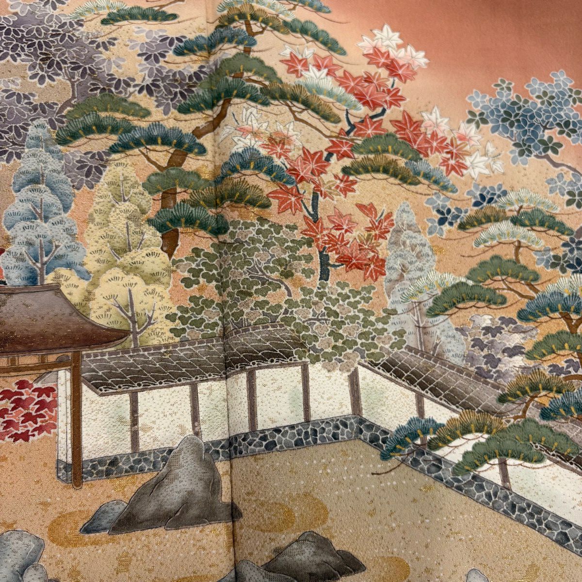 色留袖禮服 身長155.5cm 袖長67cm M 雙層 落款有 枯山水 松樹 金通 金銀彩 漸層 鮭粉色 純蠶絲 優品級 一つ紋