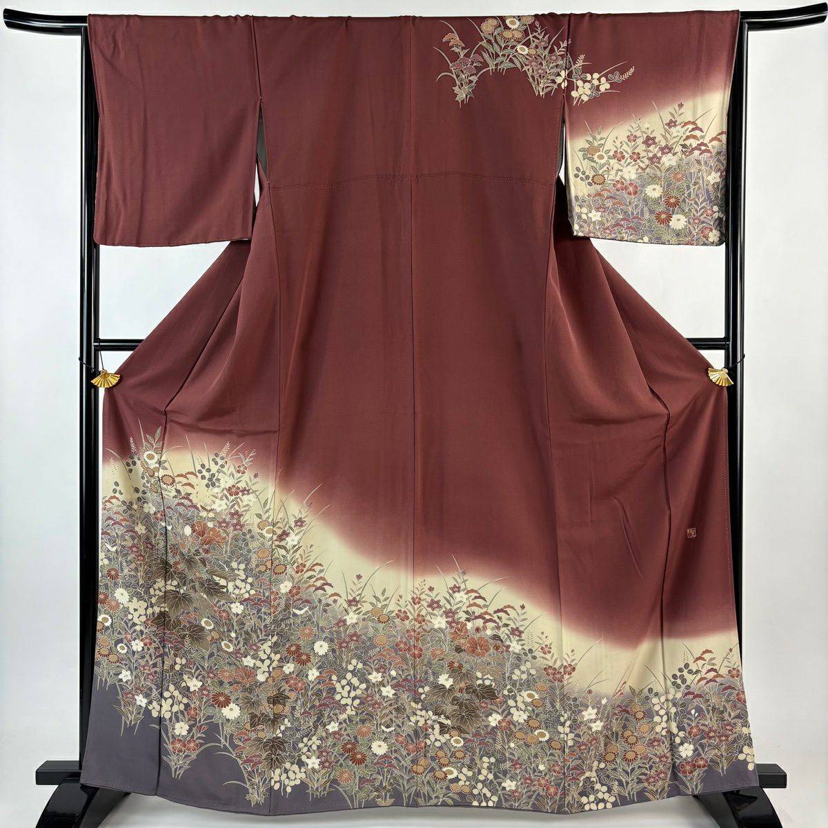 訪問服 身長163.5cm 袖長66cm M 雙層 落款 秋草 染分 ぼかし 紅茶 純蠶絲 秀品級