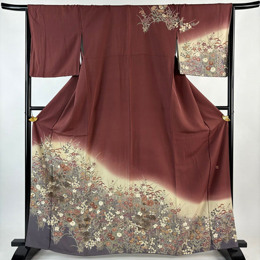 訪問服 身長163.5cm 袖長66cm M 雙層 落款 秋草 染分 ぼかし 紅茶 純蠶絲 秀品級