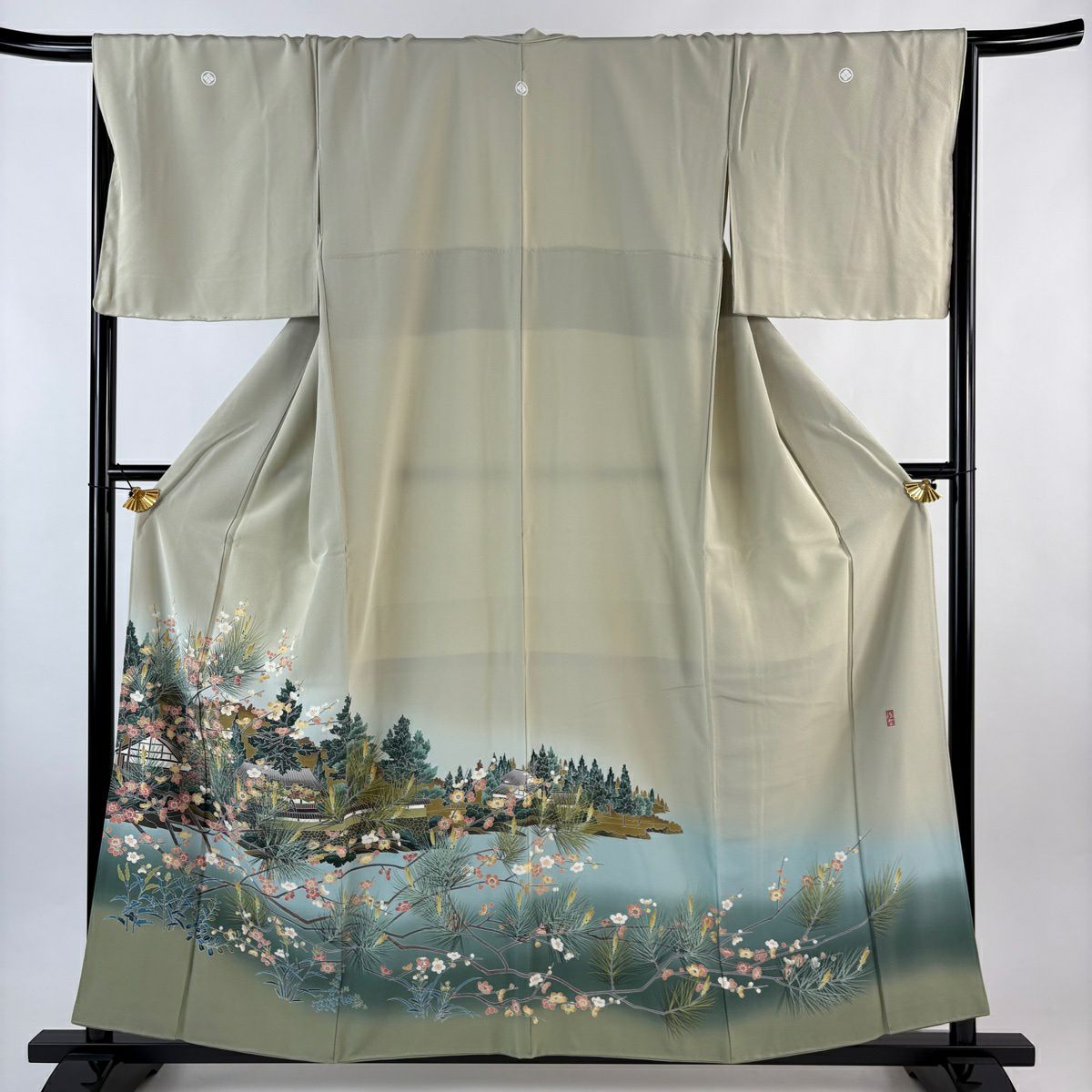 【美品】 留袖禮服禮服 身長156.5cm 袖長68cm L 雙層 阿部佳雪 家屋 枝梅花 染分 ぼかし 薄綠 純蠶絲 秀品級 三つ紋