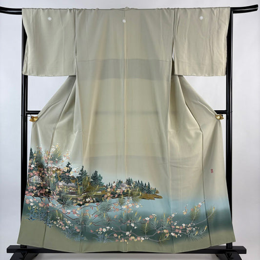 【美品】 留袖禮服禮服 身長156.5cm 袖長68cm L 雙層 阿部佳雪 家屋 枝梅花 染分 ぼかし 薄綠 純蠶絲 秀品級 三つ紋