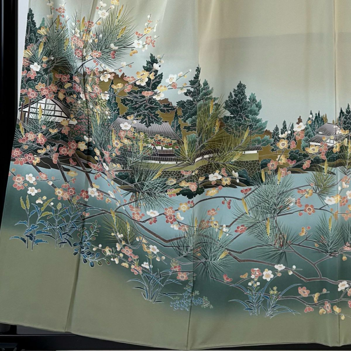 【美品】 留袖禮服禮服 身長156.5cm 袖長68cm L 雙層 阿部佳雪 家屋 枝梅花 染分 ぼかし 薄綠 純蠶絲 秀品級 三つ紋