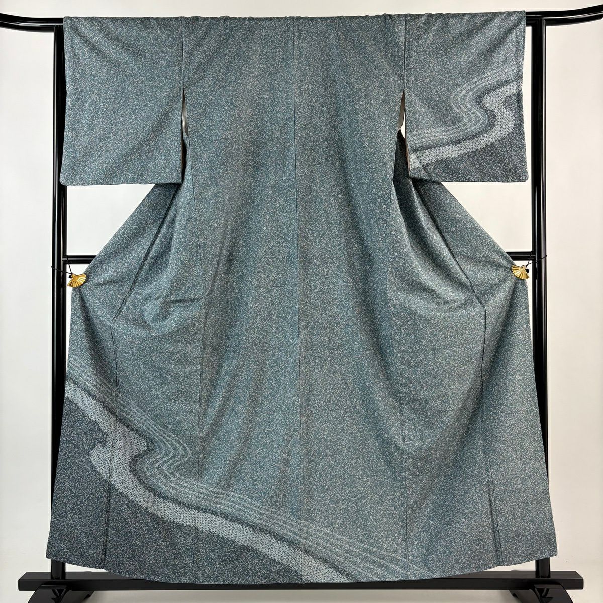【美品】 付下 身長157.5cm 袖長63.5cm S 雙層 紬織織 流水 絞染 綠 純蠶絲 秀品級